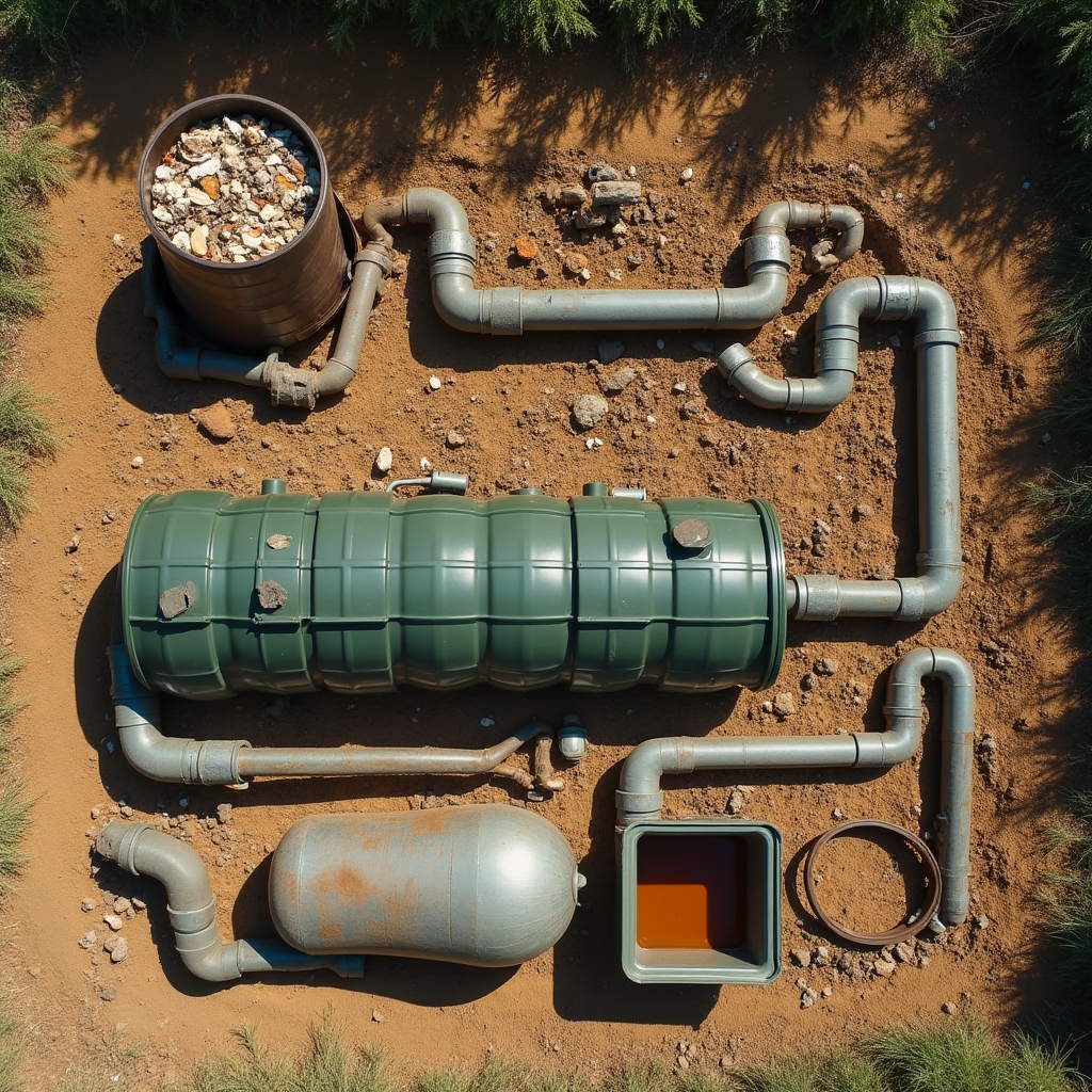 Vista aérea de un sistema de biodigestor casero mostrando tanque de carga, cámara de digestión y almacenamiento de gas