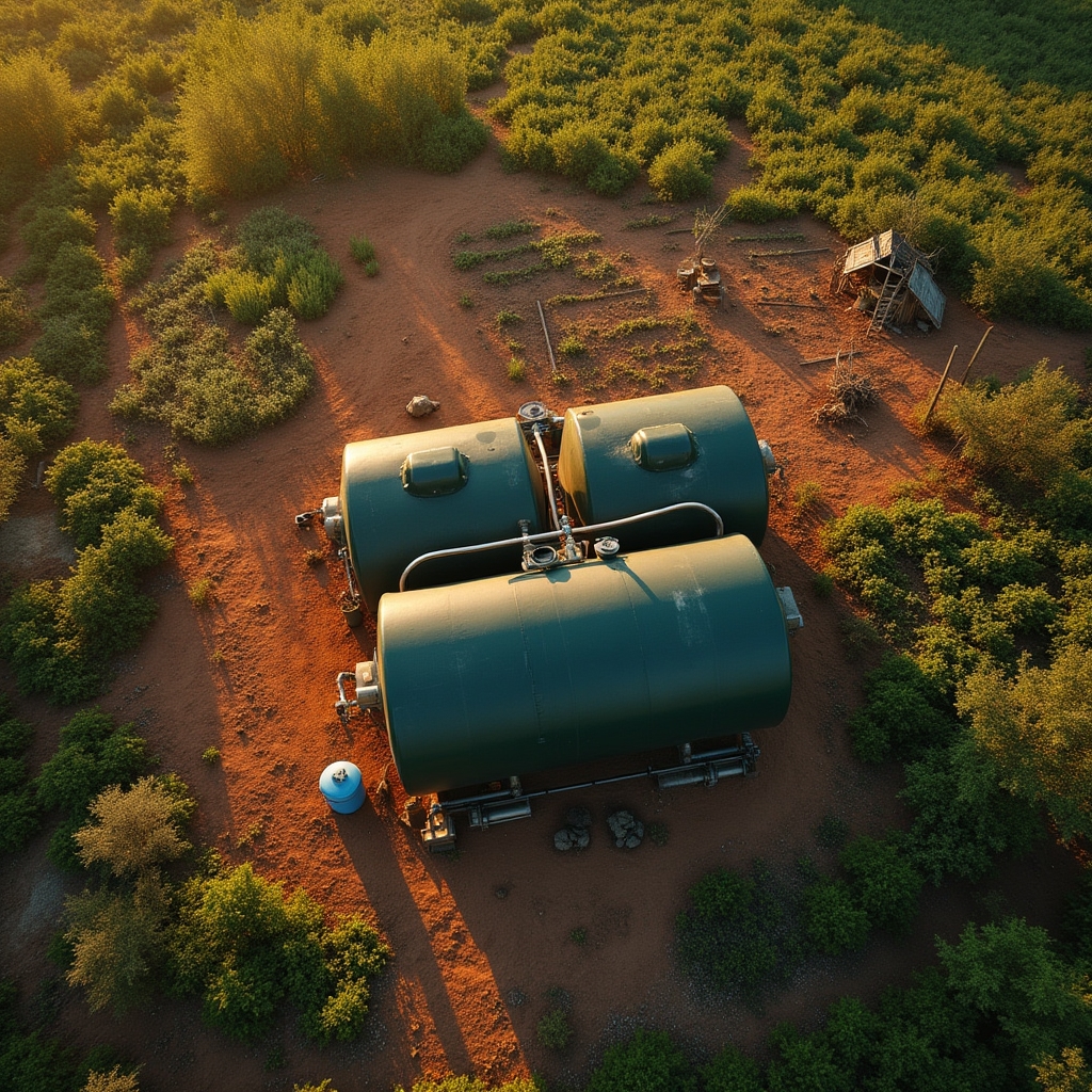 Biodigestor casero construido con tanques plásticos en un predio rural argentino