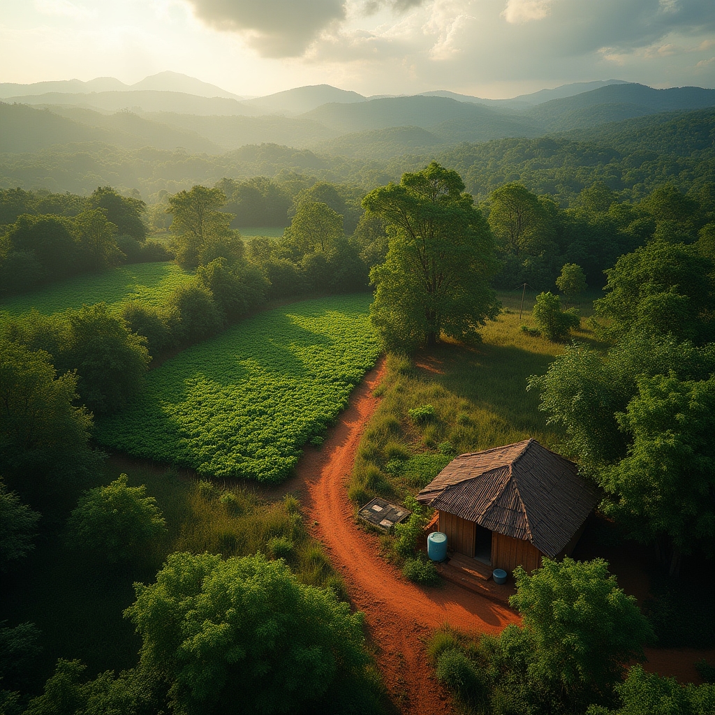 Paisaje rural subtropical de Misiones con vegetación densa y un pequeño predio agrícola